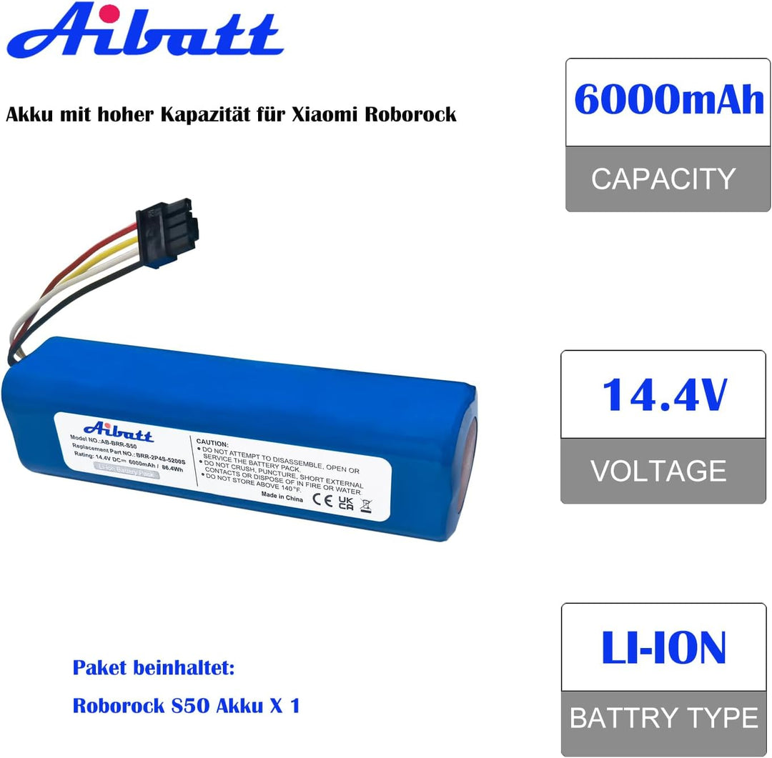 Aibatt 14.4V 6000mAh Li-Ion Akku, Ersatzakku für Xiaomi Mi Roboter, Mijia 1st und 2nd Gen Roborock,M