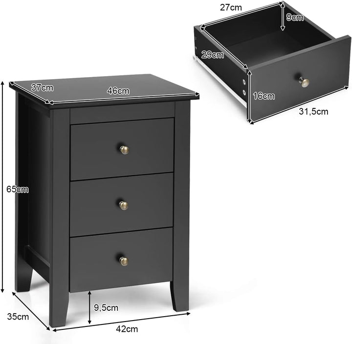 COSTWAY 2er Set Nachttisch mit 3 Schubladen, Nachtschrank für Boxspringbett, Beistelltisch, Nachtkom
