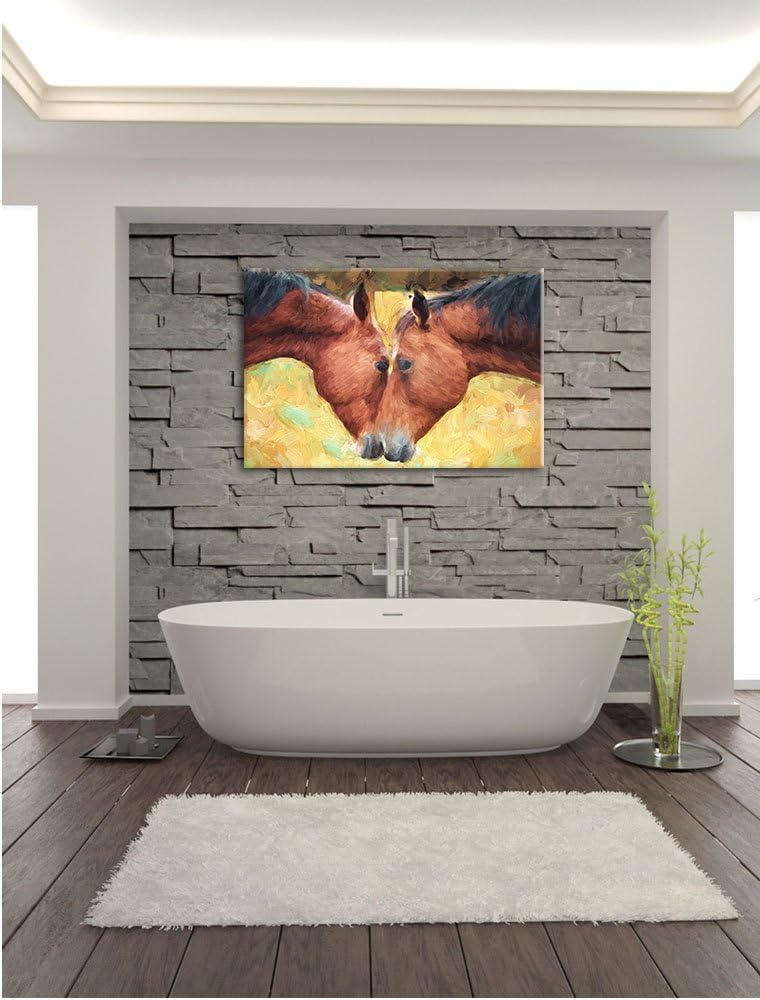 Pixxprint Zwei schmusende Pferde Kunst Pinsel Effekt, Format: 100x70 auf Leinwand, XXL riesige Bilde