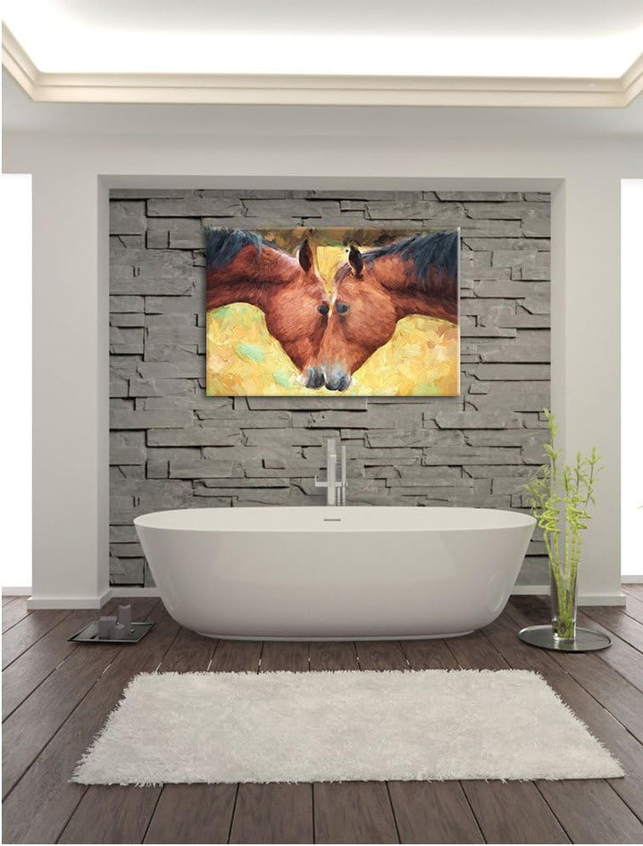 Pixxprint Zwei schmusende Pferde Kunst Pinsel Effekt, Format: 100x70 auf Leinwand, XXL riesige Bilde