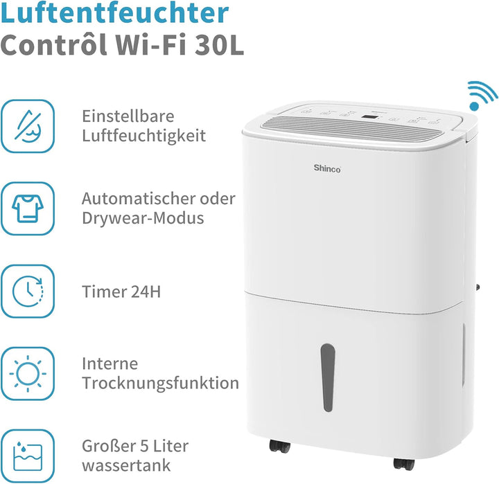 SHINCO Elektrische Luftentfeuchter, 30L/24h, Wifi, Energieeinsparung, Automatischer Neustart, Wäsche