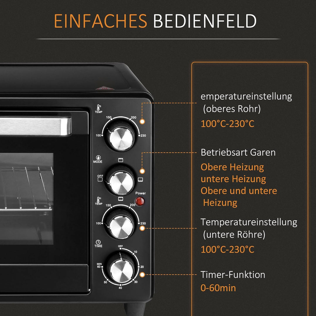HOMCOM Mini Backofen 32L Mini Ofen mit Grillrost, Backblech, 3 Kochmodi 100 °C-230 °C einstellbare T