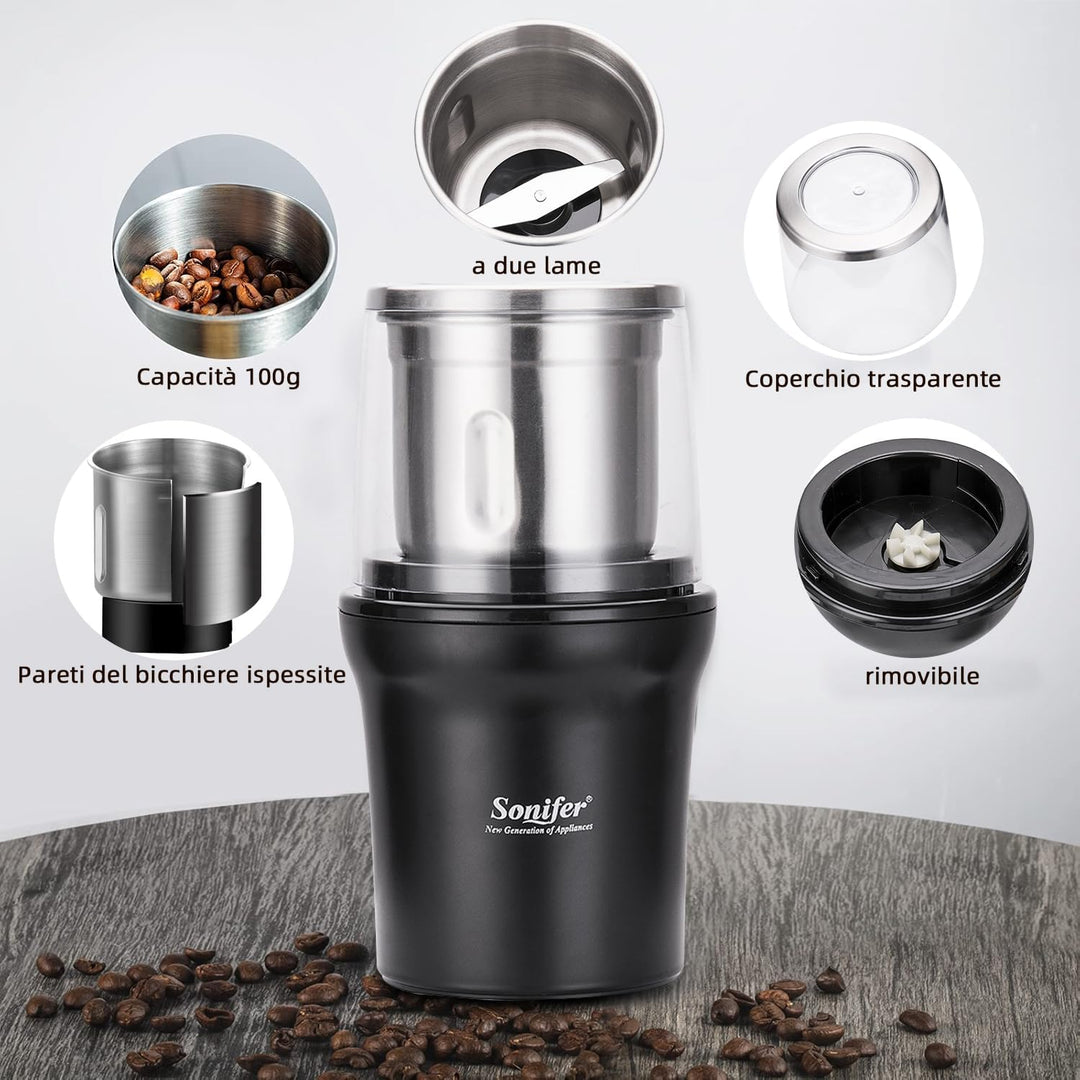Elektrische Gewürzmühle Kaffeemühle 100g Kapazität 300W Leistung Abnehmbarer Edelstahlbehälter zum M