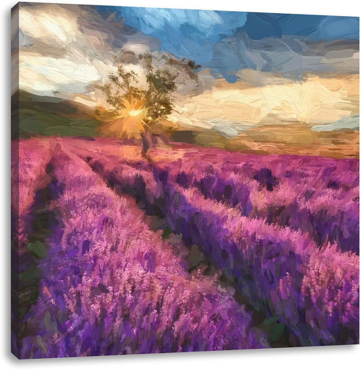 Pixxprint Zartes Lavendelfeld mit einsamen Baum, Format: 70x70 auf Leinwand, 70x70
