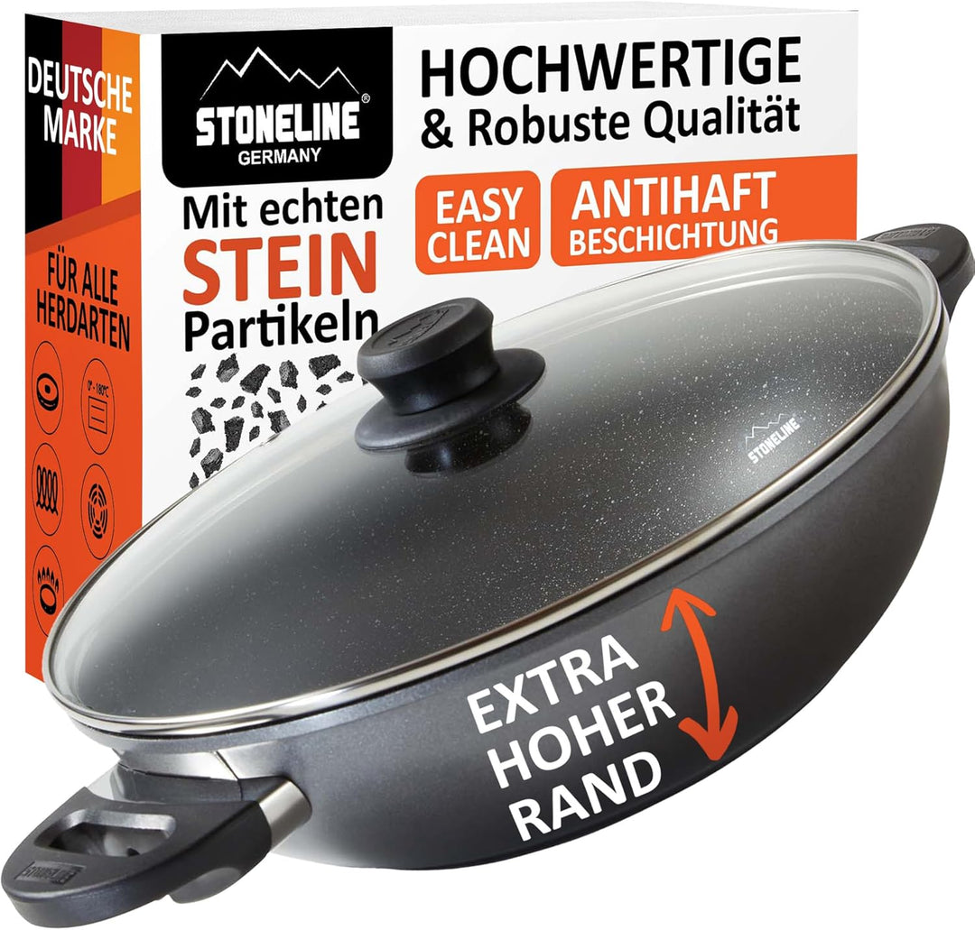 Stoneline Wok 32 cm, mit Deckel, Aluguss, Wok Pfanne beschichtet mit echten Steinpartikeln, grau, oh