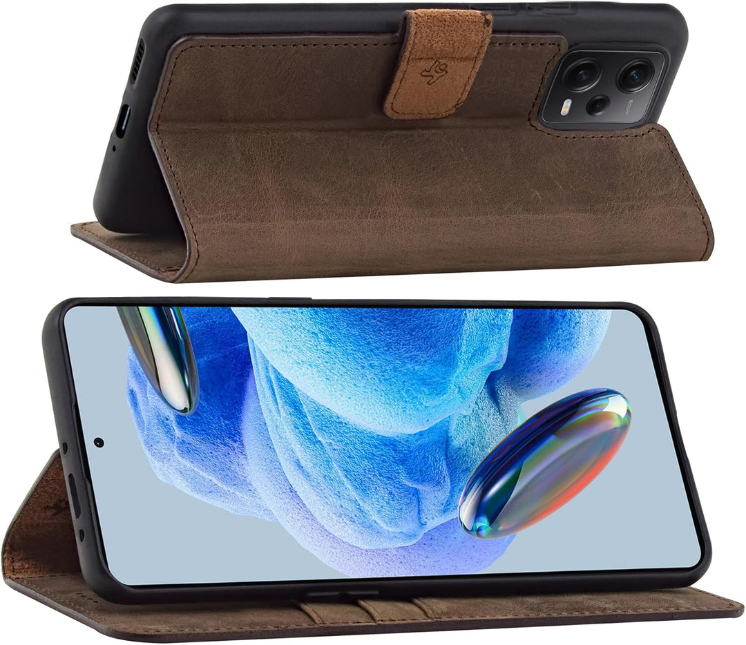 Suncase Book-Style Hülle kompatibel mit Xiaomi Redmi Note 12 Pro 5G Leder Tasche (Slim-Fit) Lederhül