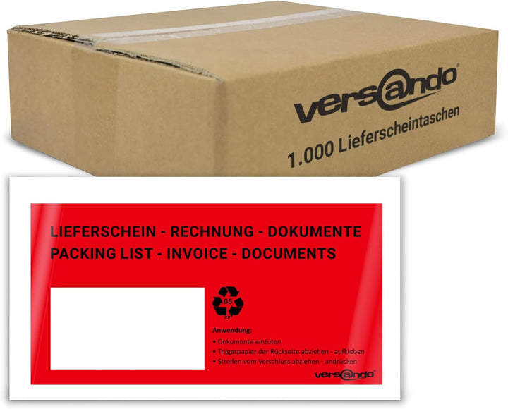 versando 1000 Lieferscheintaschen DIN lang selbstklebend Dokumententaschen Begleitpapiertaschen rot/