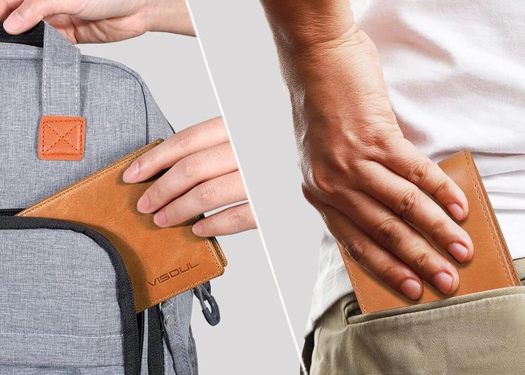 VISOUL Leder Geldbörse Herren mit ID-Fenster & RFID Schutz I Echtleder Geldbeutel für Männer I Porte