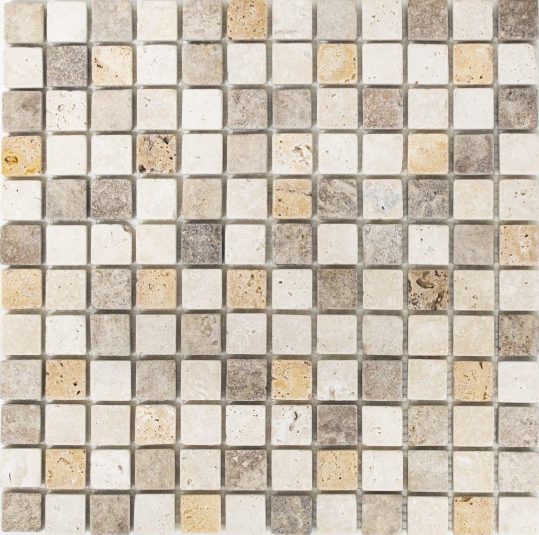 Mosaik Quadrat Travertin Mix Tumbled Travertin Naturstein Küche, Mosaikstein Format: 23x23x10 mm, Bo