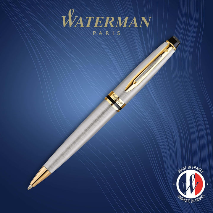 Waterman Expert Kugelschreiber | Edelstahl mit Zierteile aus 23 K Gold | Mittlere Spitze | Blaue Tin
