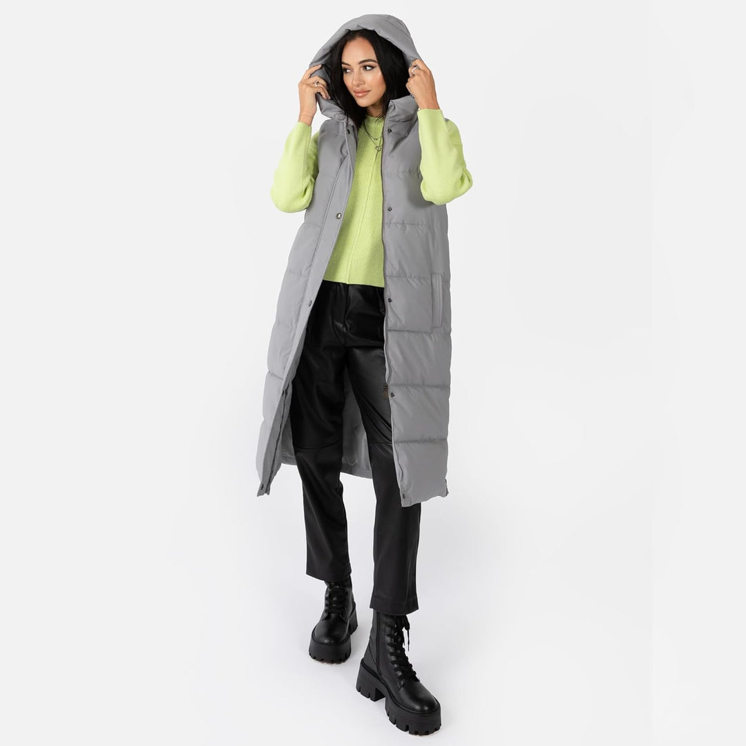 Women's Gilet Ladies Hooded Body Warmer Sleeveless Jacket Quilted Winter Coat Padded Longline Side P