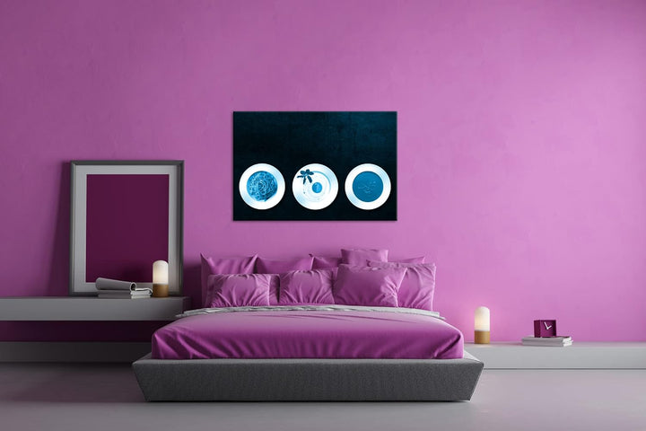 deyoli Teller mit Mahlzeiten Format 80x60 Effekt: Monocrome Blau als Leinwandbild, Motiv fertig gera