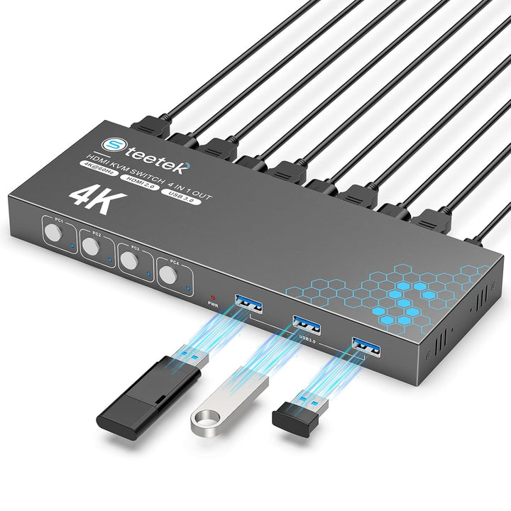 4 Port HDMI KVM Switch 4 PC 1 Monitor, USB 3.0 KVM Switch 4K@60Hz für 4 Computer teilen sich 1 Tasta