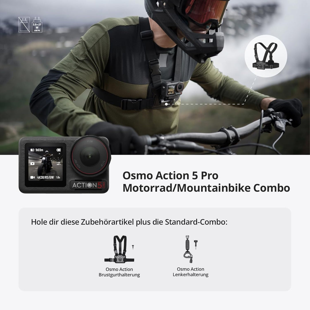 DJI Osmo Action 5 Pro Motorrad/Mountainbike Combo, Action-Cam 4K für Radfahrer, 1/1,3"-Sensor, 155º
