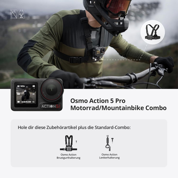 DJI Osmo Action 5 Pro Motorrad/Mountainbike Combo, Action-Cam 4K für Radfahrer, 1/1,3"-Sensor, 155º