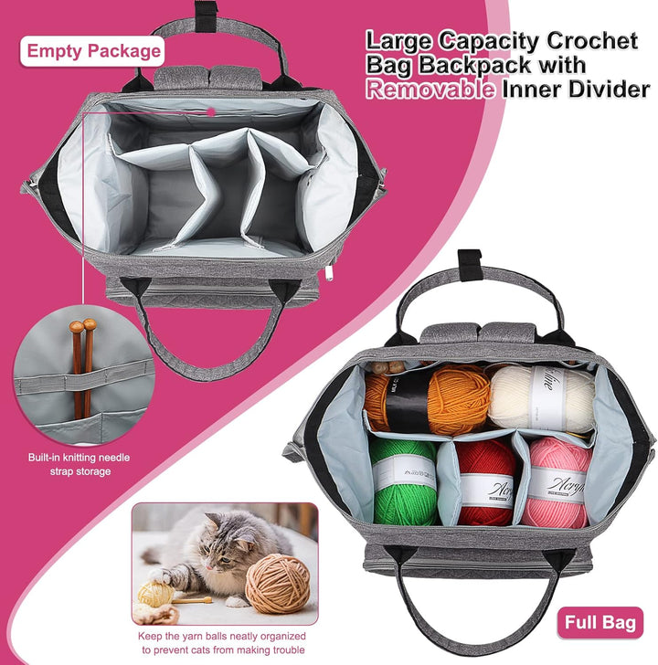 Coopay Multifunktion Stricktasche Rucksack, Reise Häkeltasche mit 6 Garnösen, Grosse Garnaufbewahrun