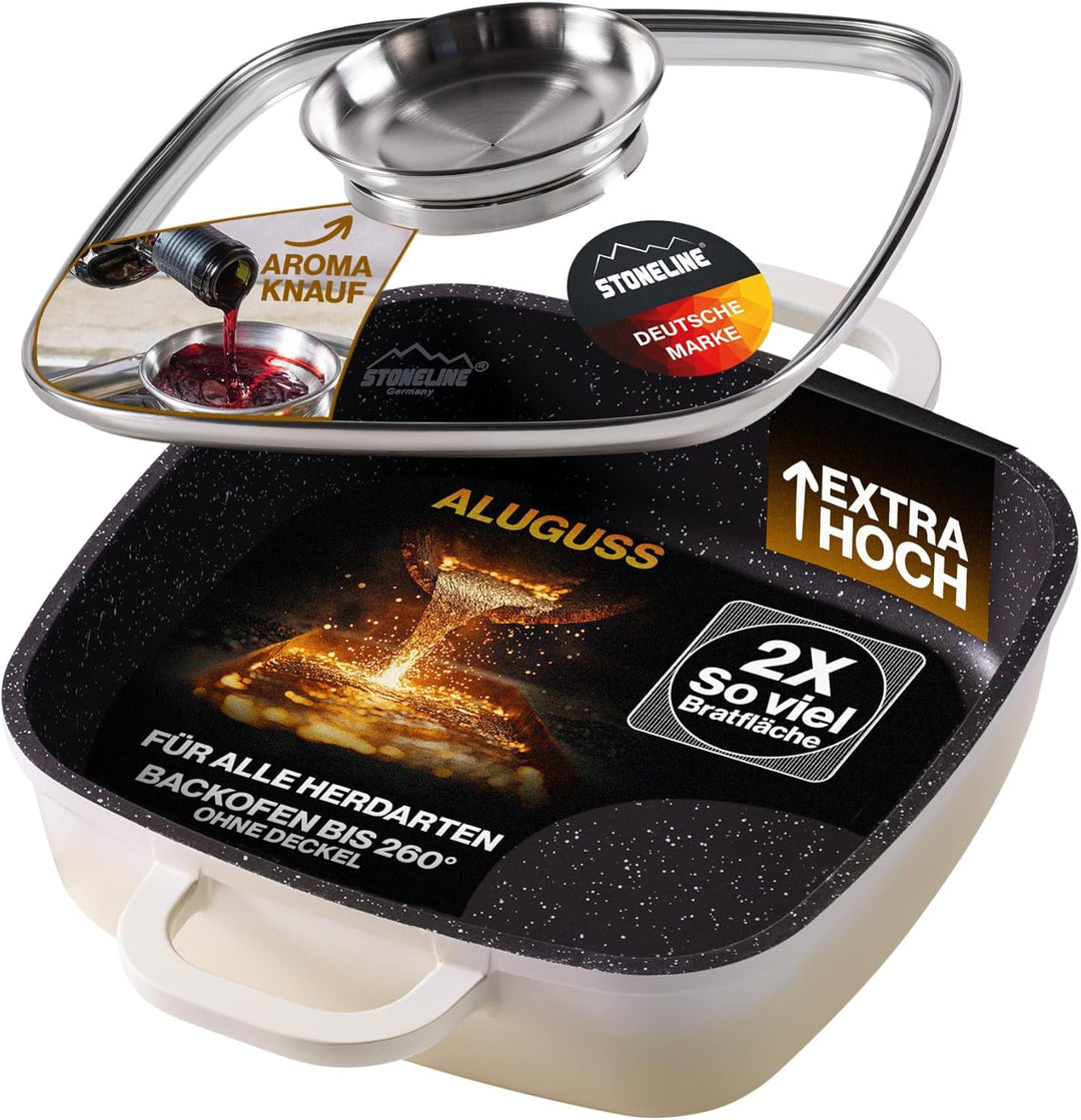 STONELINE Eckpfanne, 20x20 cm, mit Aroma Glasdeckel, Servierpfanne, Induktion, Aluguss, antihaft bes