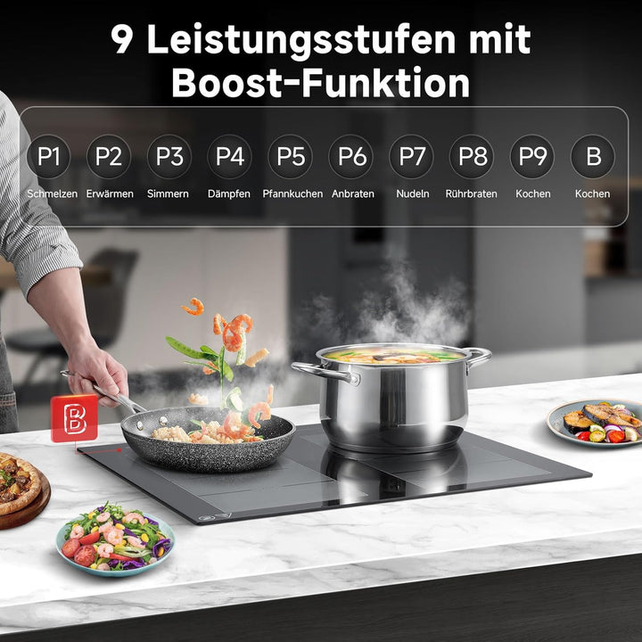 AMZCHEF Induktionskochfeld 60cm mit 2 Flexzonen, 4 Zonen Induktionskochplatte mit leisem Betrieb, 9