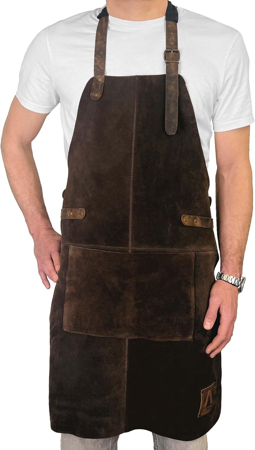 REDSALT® Premium Lederschürze 100% Büffel Wild Leder 84x62cm braun | Profi BBQ Grillschürze Arbeitss