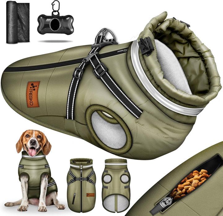 TRESKOยฎ Hundejacke Winter mit Reflektoren inkl. 15 Stรผck Kotbeutel + Spender | Hunderegenmantel wass