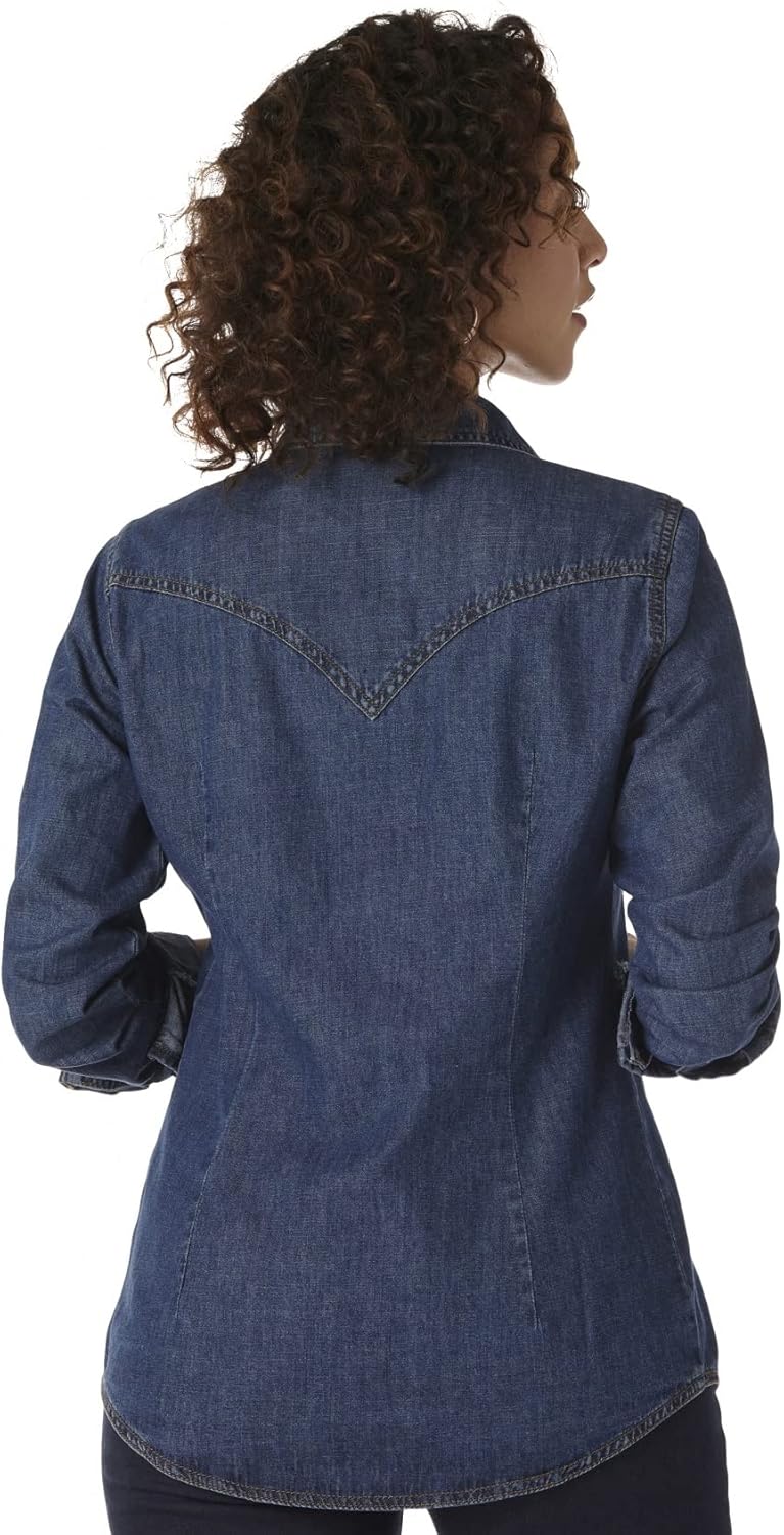 Wrangler Damen Retro Langarm Western Denim Snap Shirt Hemd M Dunkles Denim, M Dunkles Denim