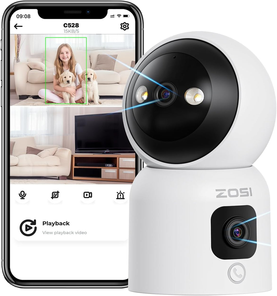 ZOSI Überwachungskamera Innen mit Dual-Objektiv 3MP+3MP, 2,4/5G WLAN, Taste/OK-Geste-Anruf, KI Perso