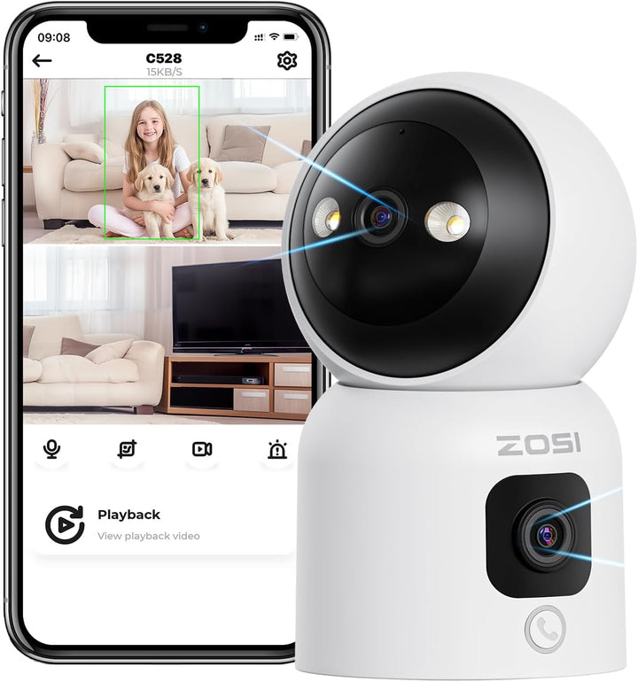 ZOSI Überwachungskamera Innen mit Dual-Objektiv 3MP+3MP, 2,4/5G WLAN, Taste/OK-Geste-Anruf, KI Perso
