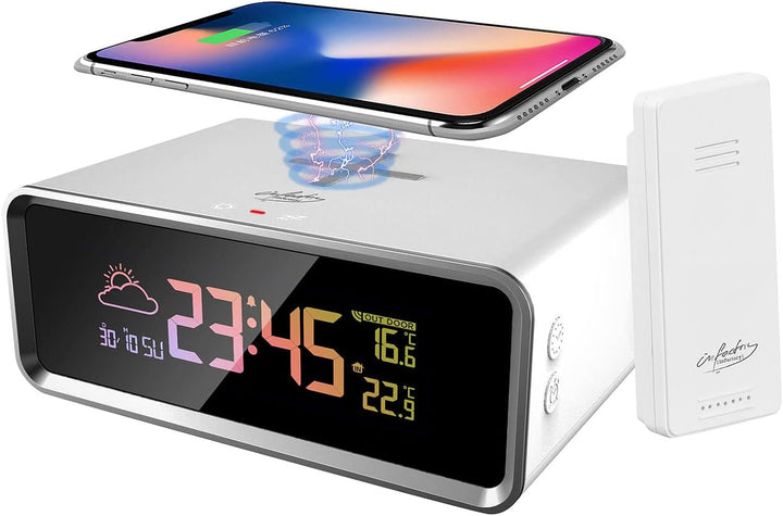 infactory Handy Ladestation: Funk-Wetterstation, Qi-kompatibles Ladegerät & Wecker, Sensor, 10 W (In