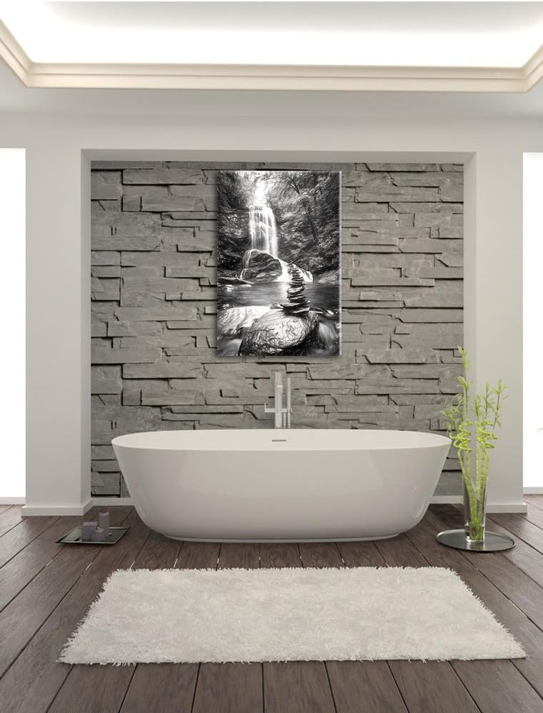 Pixxprint Zen Steine vor Wasserfall Kunst Kohle Effekt, Format: 100x70 auf Leinwand, XXL riesige Bil
