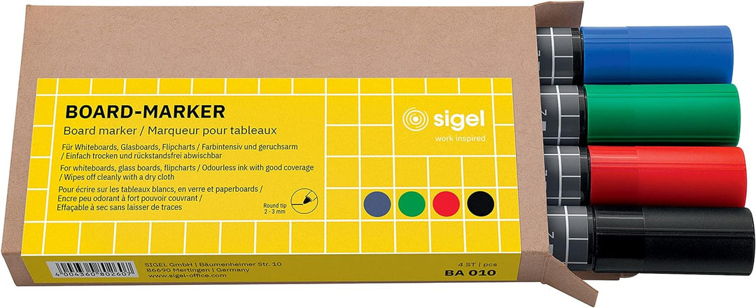 SIGEL BA311 Starterset - für Whiteboards und Glas-Magnetafeln - 4 Board-Marker, 4 Holz-Magnete, Eras