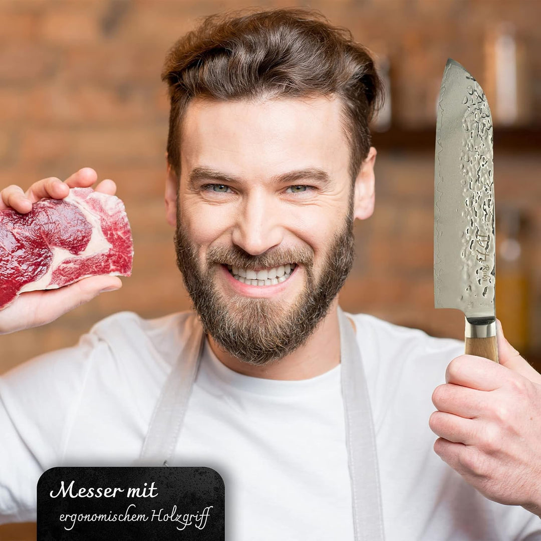 Ruka Santokumesser - Damaststahl Küchenmesser 19 cm - rostfrei - sehr scharfe Klinge - Extreme Härte