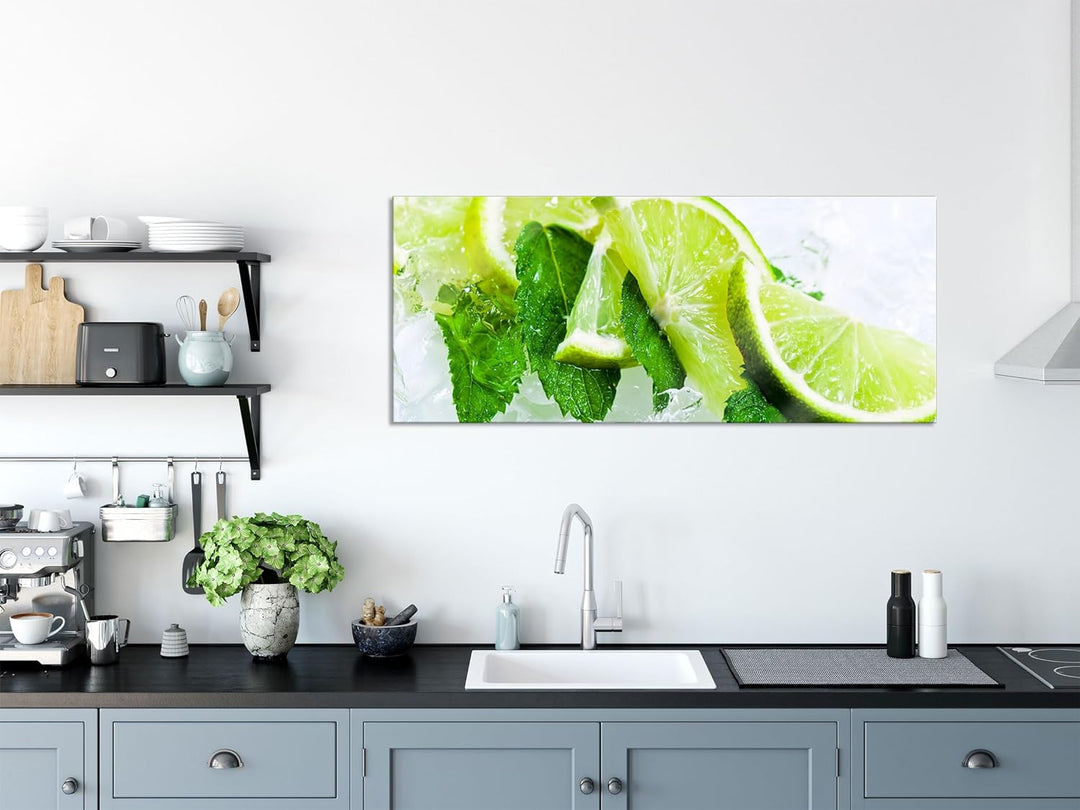 Glasbild Panorama | Wandbild aus Echtglas | Limetten und Minze im Eis | 100x40 cm | inkl. Aufhängung