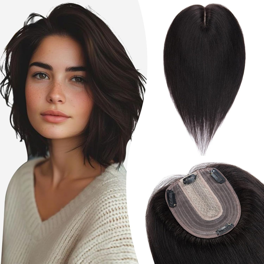 Silk-co Hair Topper Echthaar, 10x12cm Basis Toupet Damen, Haartopper Echthaar mit Remy Seide Basis,
