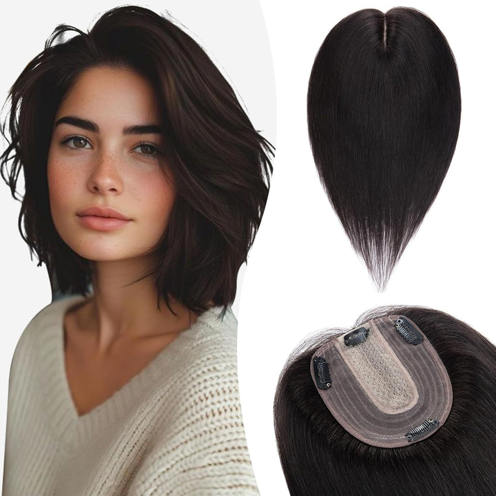 Silk-co Hair Topper Echthaar, 10x12cm Basis Toupet Damen, Haartopper Echthaar mit Remy Seide Basis,