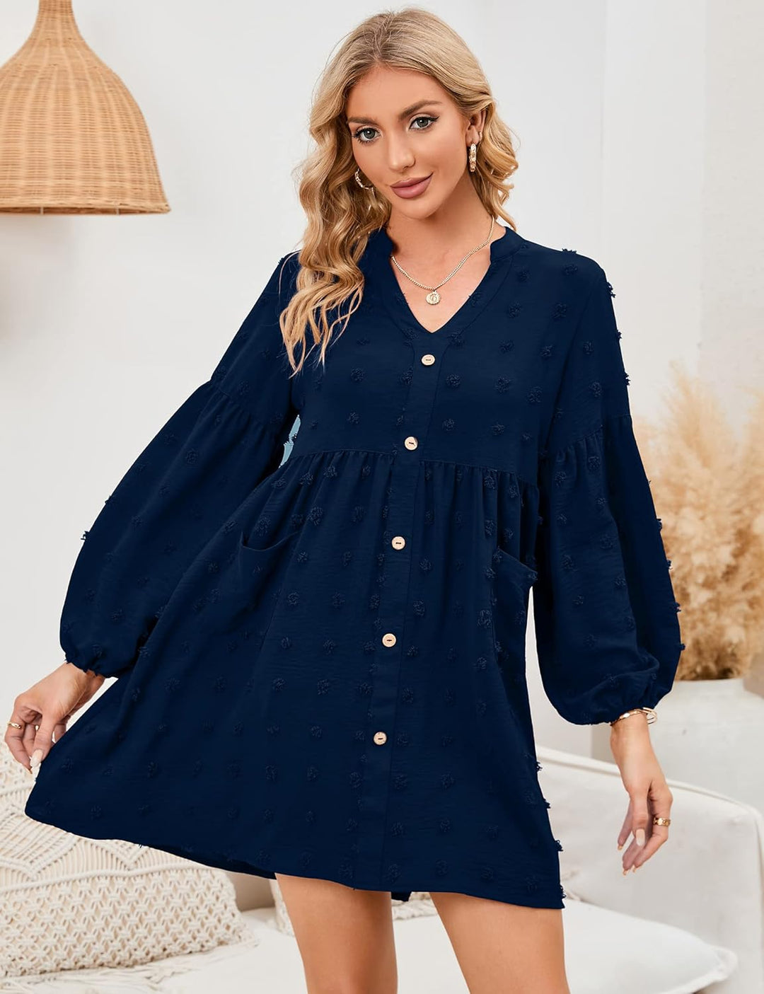 KOJOOIN Damen Tunika Kleid Langarm Swing Kleid kurz V-Ausschnitt Knopfleiste Blusenkleid Swiss Dot C