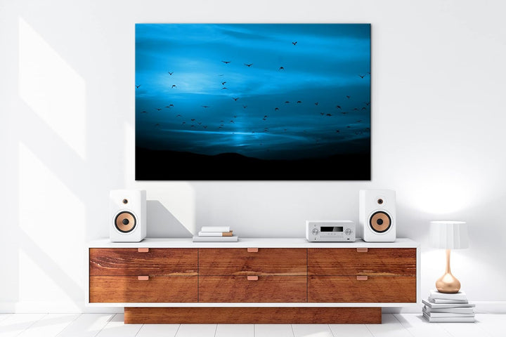 deyoli Vögel fliegen in den Sonnenuntergang Format 80x60 Effekt: Monocrome Blau als Leinwandbild, Mo