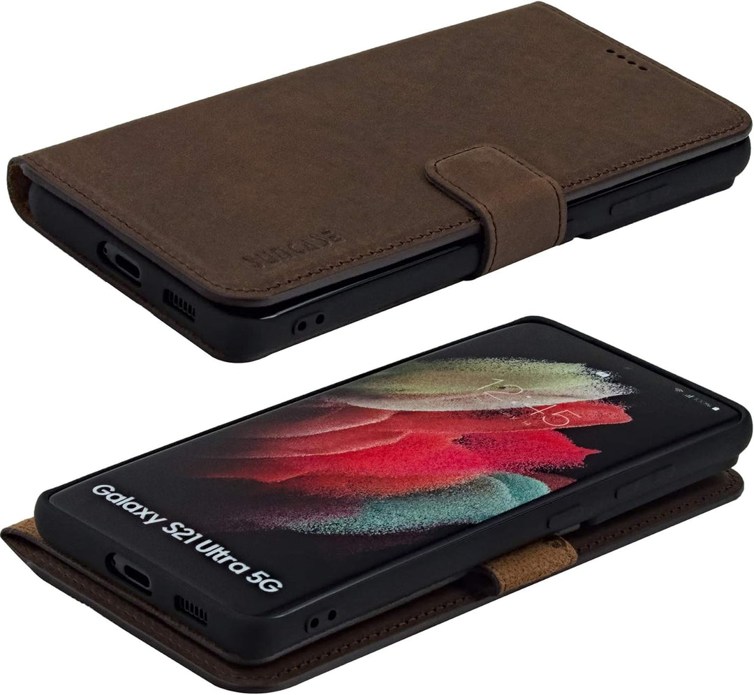 Suncase Book-Style Hülle kompatibel mit Samsung Galaxy S21 Ultra 5G Leder Tasche (Slim-Fit) Lederhül