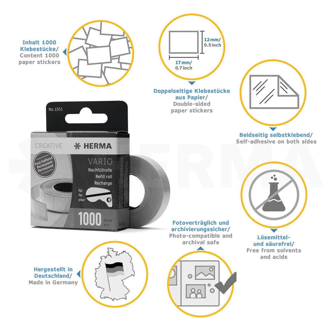 HERMA 10 x Nachfüllrolle für Vario-Klebespender fest haftend 1000 Klebestücke, 1051, weiss, 13x12mm