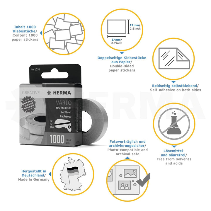 HERMA 10 x Nachfüllrolle für Vario-Klebespender fest haftend 1000 Klebestücke, 1051, weiss, 13x12mm