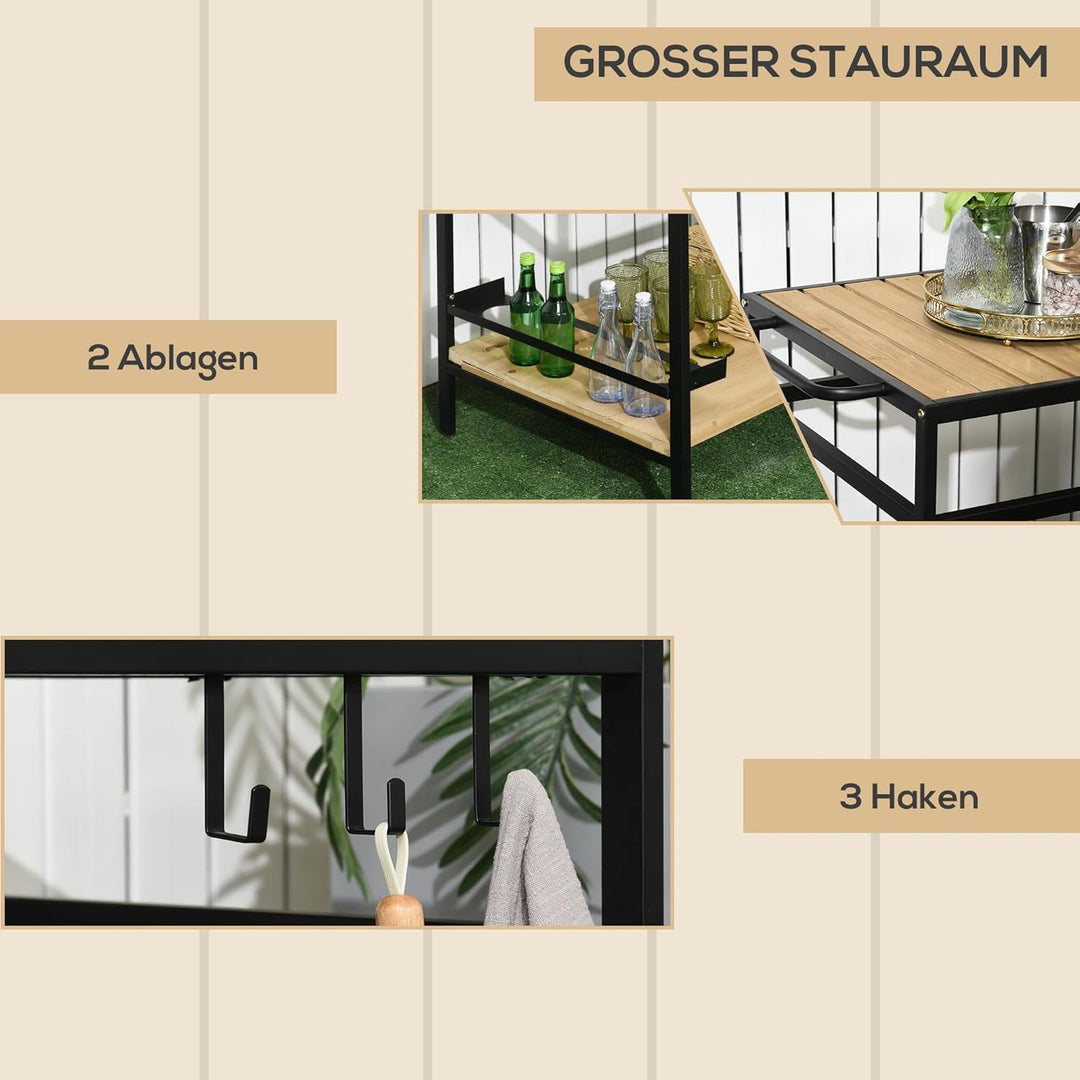 Outsunny Servierwagen, Gartenrollwagen mit Haken, Barbecue Trolley mit 2 Regalen, Outdoor Multifunkt