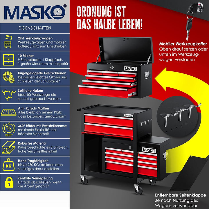 MASKOยฎ Werkstattwagen inkl. Koffer - 9 Fรคcher Abschliessbar | Massives Metall | Mobiler Werkzeug-Wag