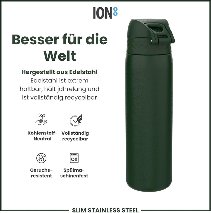 Ion8 Stahl-Trinkflasche, 600 ml, Auslaufsicher, Einhandöffnung, Sichere Verriegelung, Spülmaschinenf