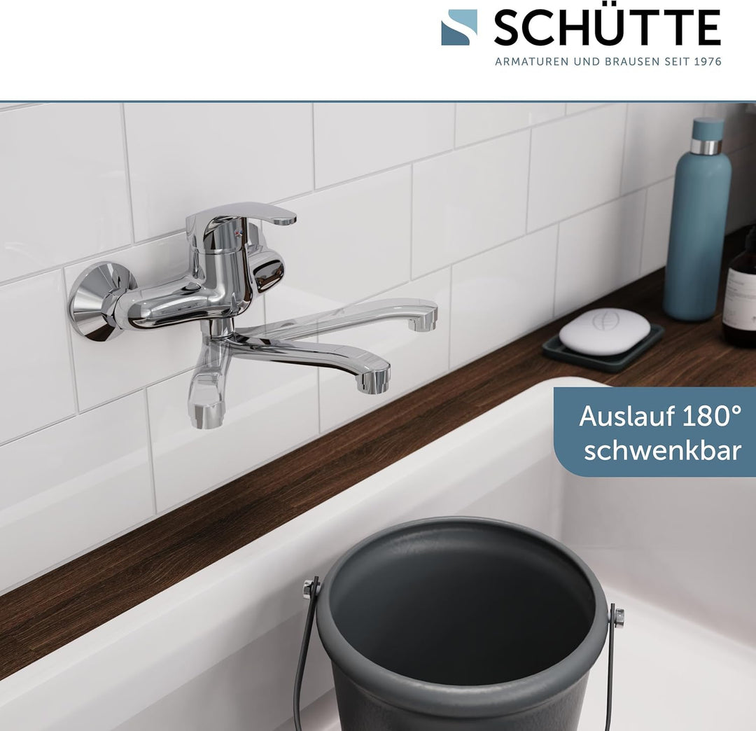 SCHÜTTE 36760 ORAZI Wandwasserhahn Chrom, Wand-Spültischarmatur 360°, ideal für Doppelspülbecken, Wa
