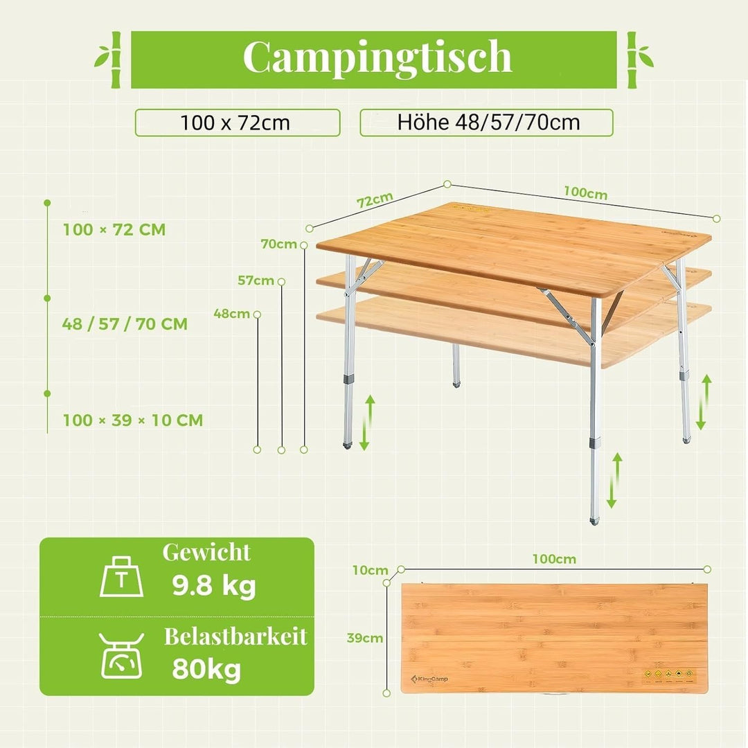 KingCamp Falten Bambus Campingtisch Klapptisch Verstellbare Höhe Aluminiumrahmen für Outdoor Camping