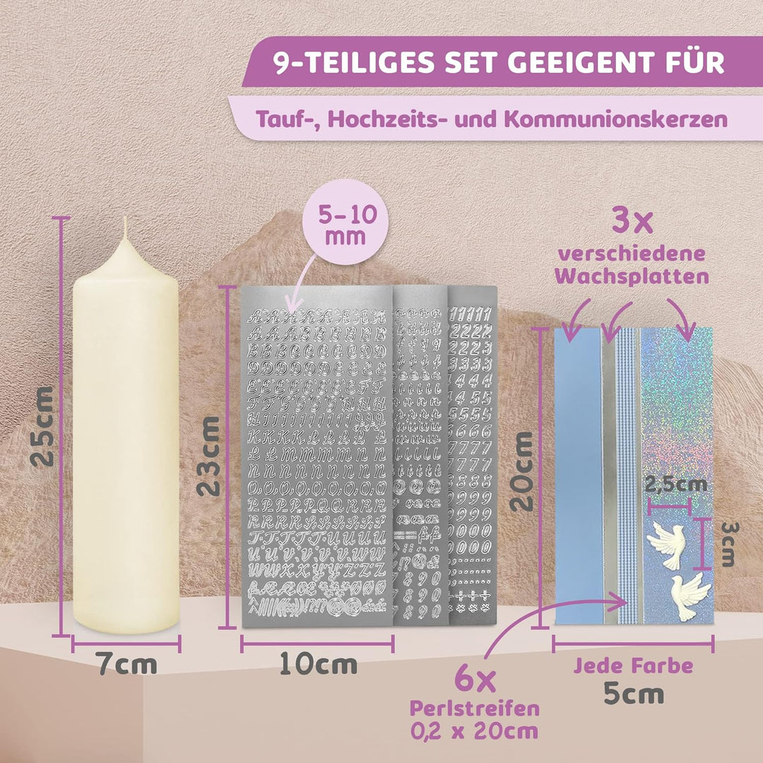 WIKAKERZEN Taufkerze selber Machen Set mit Kerzen-Rohling Buchstaben und Wachsplatten mit Wachsmotiv