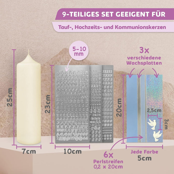 WIKAKERZEN Taufkerze selber Machen Set mit Kerzen-Rohling Buchstaben und Wachsplatten mit Wachsmotiv