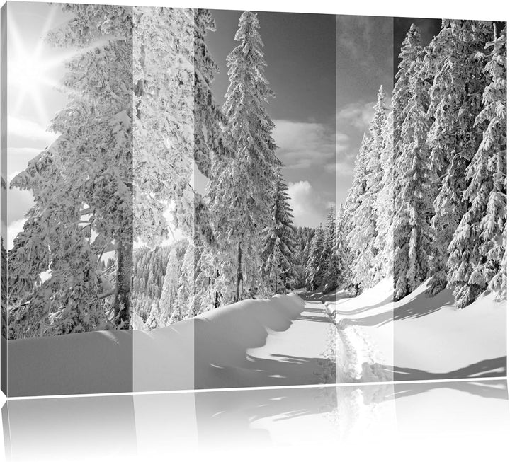 ruhige Winterlandschaft mit verschneiten Bäumen schwarz/weiss Format: 100x70 auf Leinwand, XXL riesi