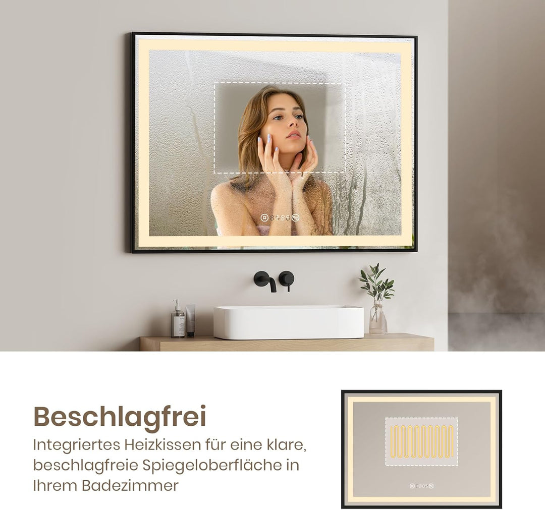 EMKE Badspiegel mit Beleuchtung 80x60cm Badspiegel Schwarzer Rand LED Badezimmerspiegel mit Touch, A