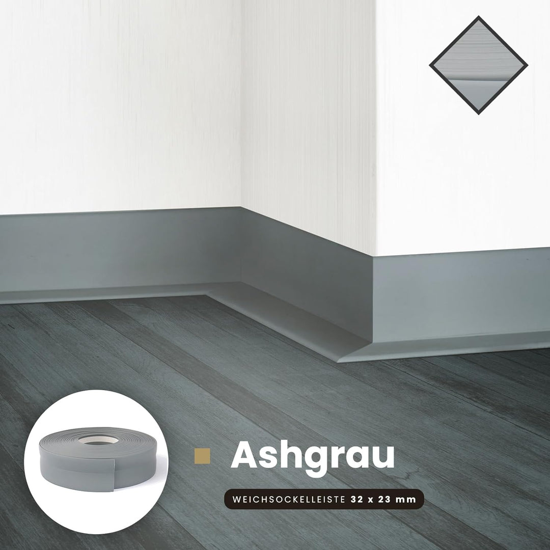 DQ-PP WEICHSOCKELLEISTE | 20m | ashgrau | 32x23mm | PVC | selbstklebend | Knickwinkel Fussleisten Gu