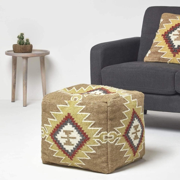 Homescapes Pouf im Boho-Look, braun und orange gemusterter Kelim-Fusshocker Jaipur, buntes Bodenkiss